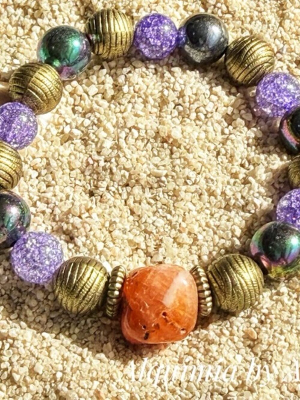 Multicolor Beaded Bracelet = Carnelian and Purple Quartz
